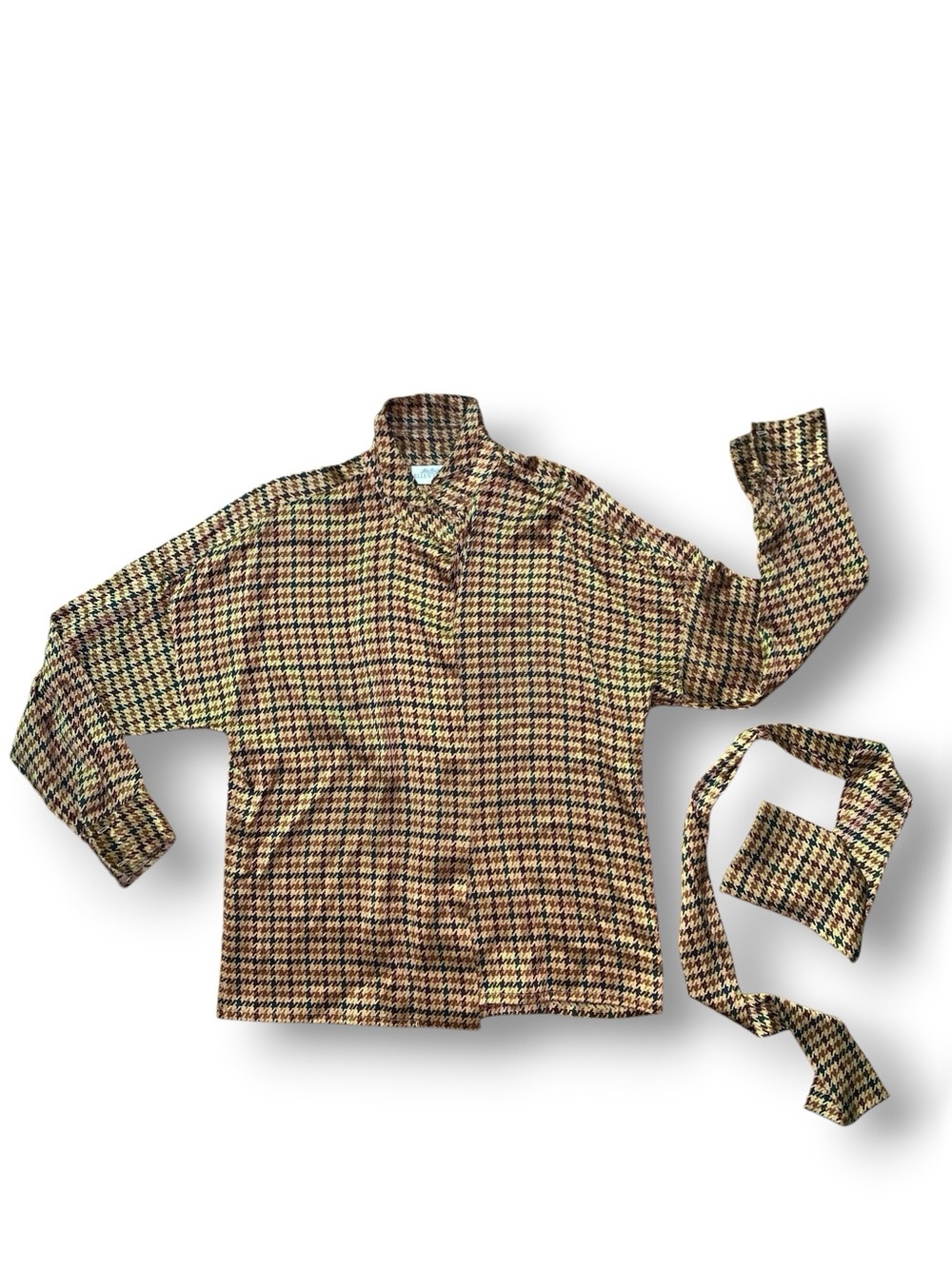 s i l k :: Vintage 100% Silk Bow Neck Tie Houndstooth Blouse - Picture 7 of 11